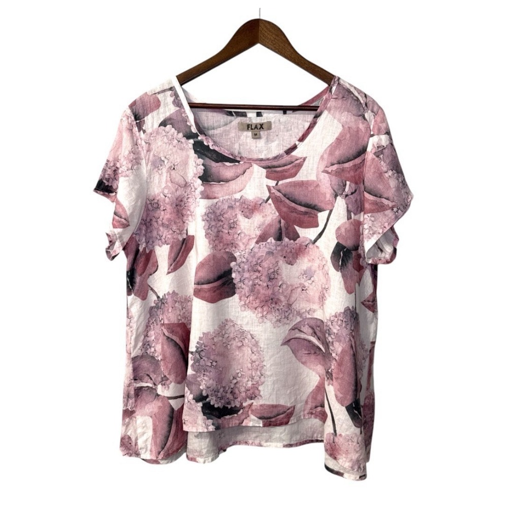 Flax linen top women's medium pink floral a-line art boho resort beach lagenlook